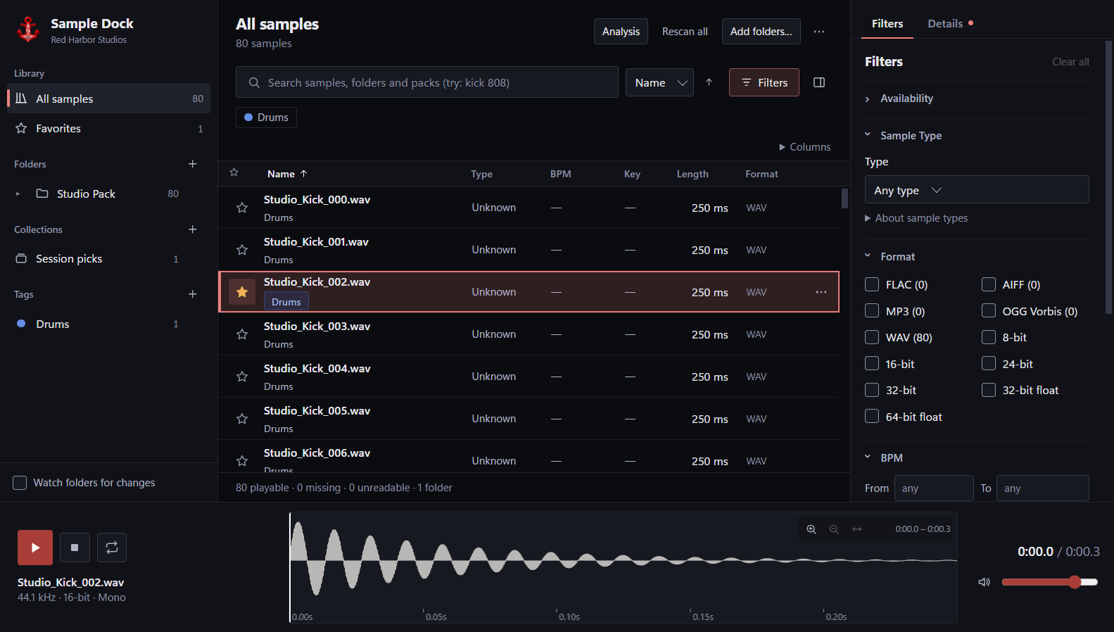 Sample Dock desktop beta showing folders, sample search, filters and a selected sample waveform.